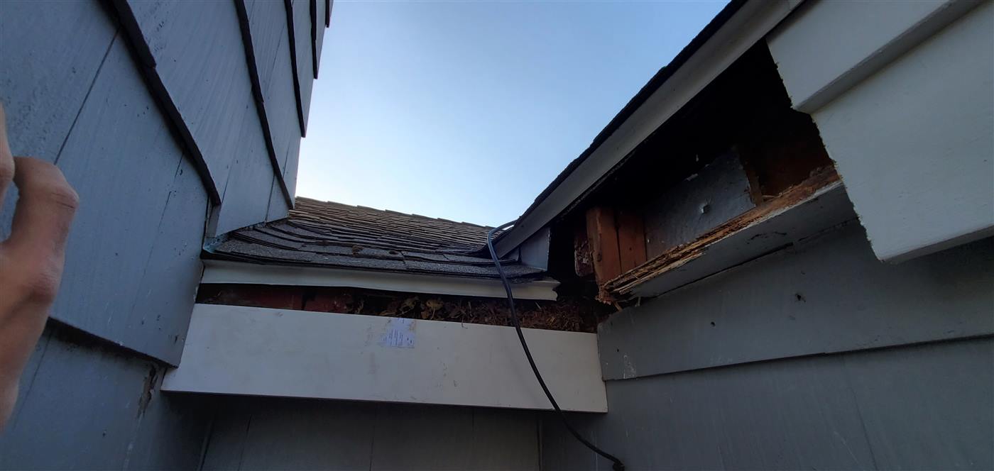 Gutter packed with leaf debris beneath a damaged roofline in Fairfield County, CT