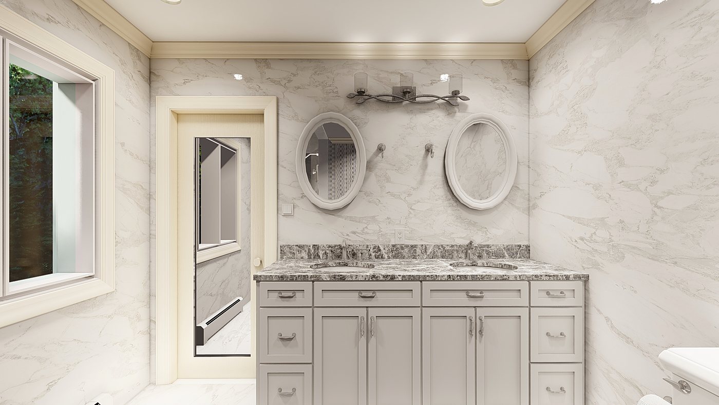 3D design rendering of the Stamford master bathroom before construction – view 1