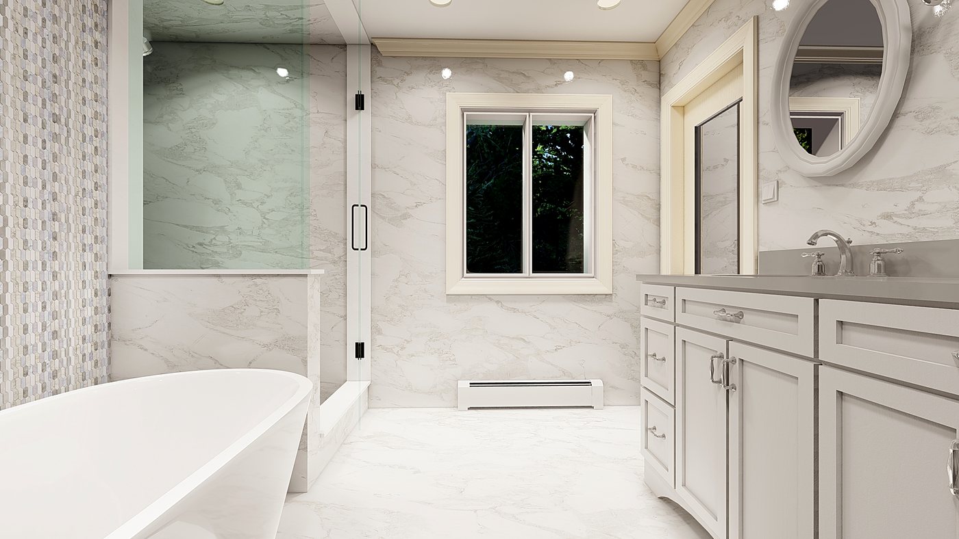 3D design rendering of the Stamford master bathroom before construction – view 2