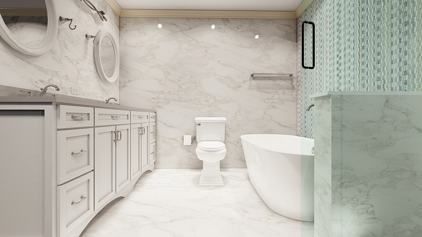 3D design rendering of the Stamford master bathroom before construction – view 3