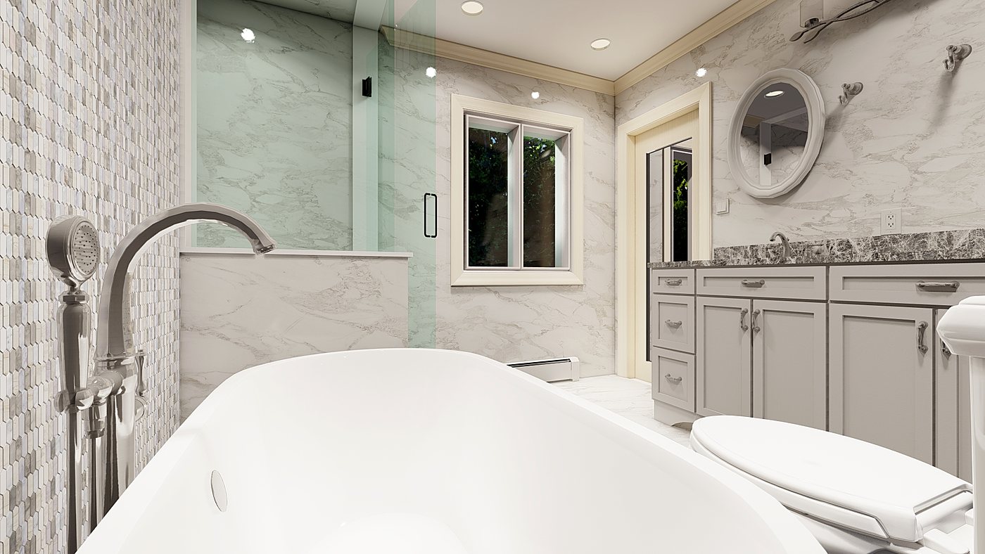 3D design rendering of the Stamford master bathroom before construction – view 4