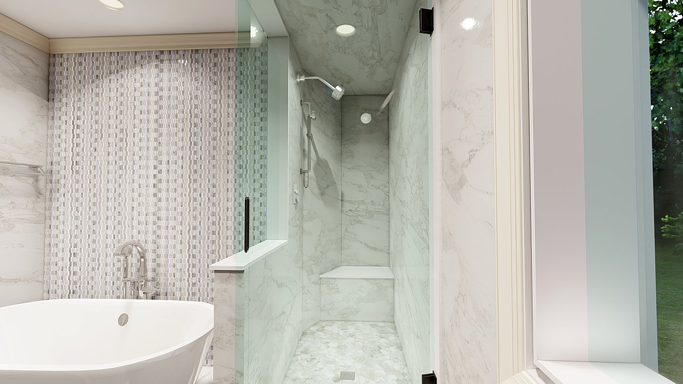 3D design rendering of the Stamford master bathroom before construction – view 5