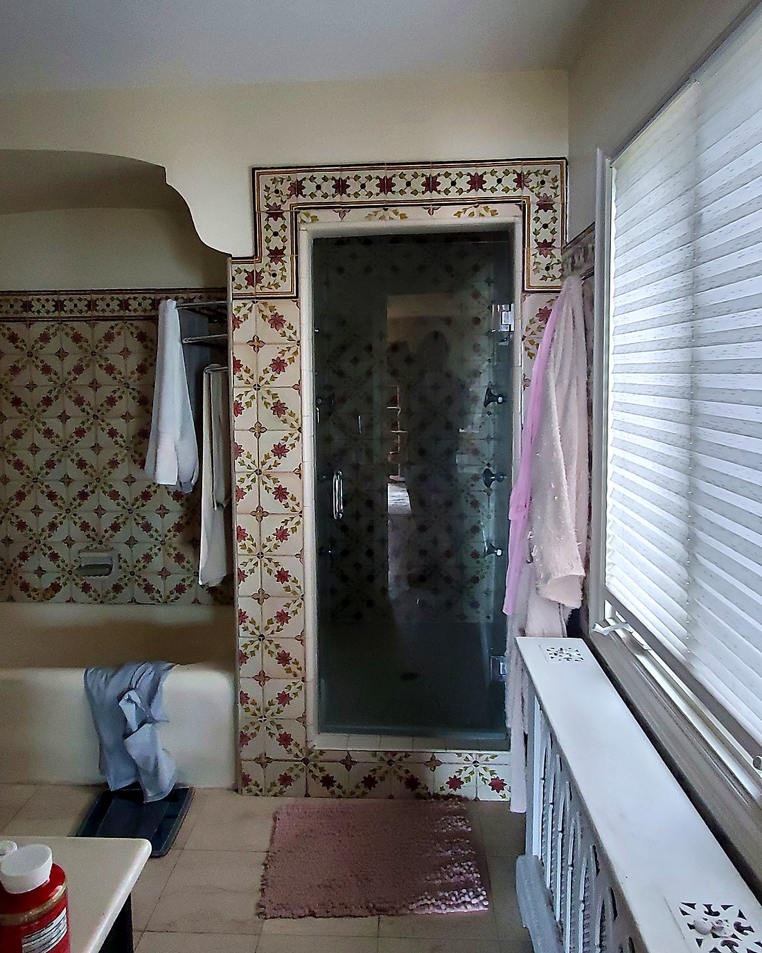 Old enclosed shower stall before remodeling, with dated patterned wall tile